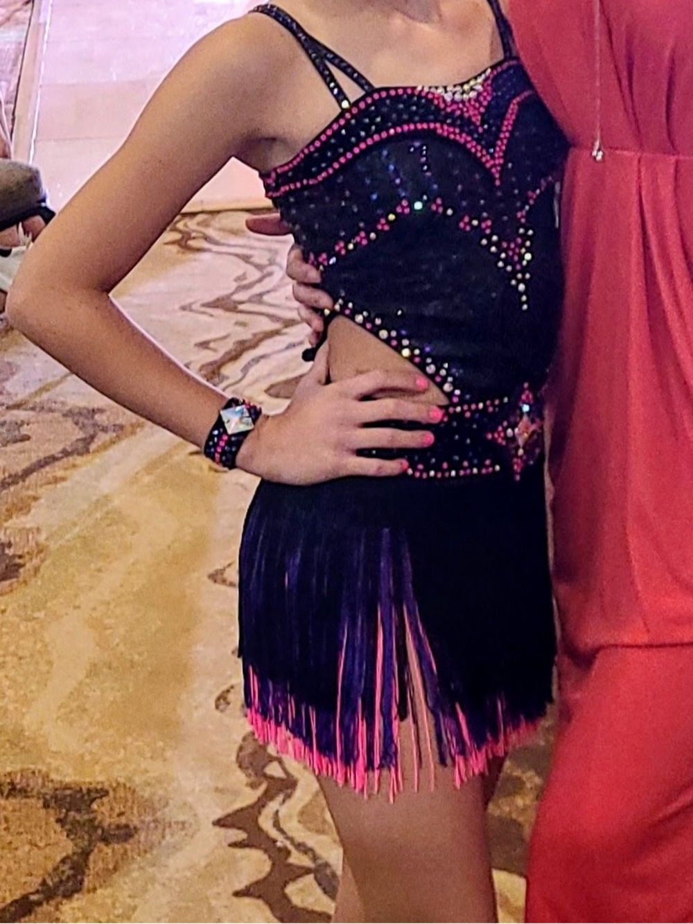 Junior Latin ballroom costume. Pink, purple & black fringe w/ Swarovski crystal